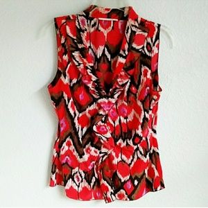 T TAHARI | Silk Ikat Ruffle Sleeveless Blo…